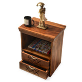 MoonWooden Wooden Bedside Table for Bedroom | Wooden Nightstand Lamp Table with 2 Drawer Storage | Sheesham Wood, Dark Honey